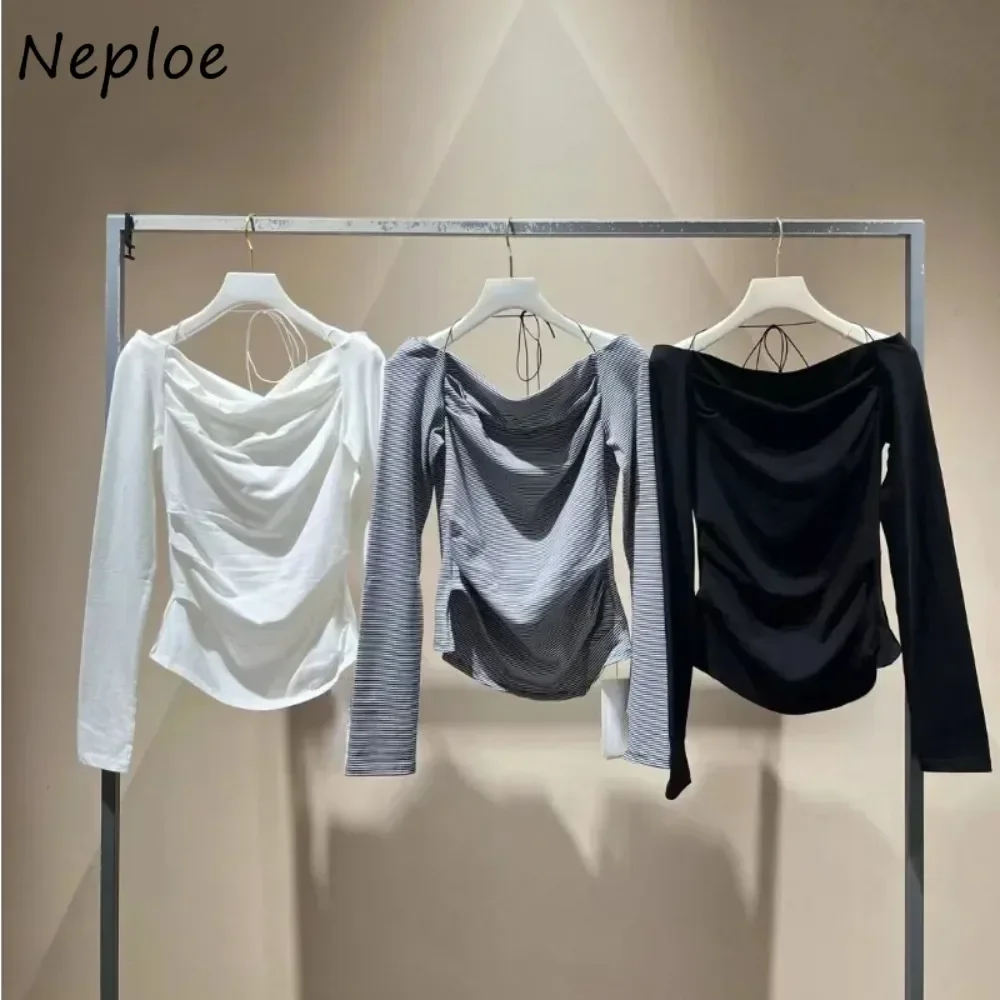 Neploe Elegant Casual Slash Neck Long Sleeve Stripe Tops Off Shoulder Ruched Irregular Mujer Japan Lace Up Gentle Women Shirts