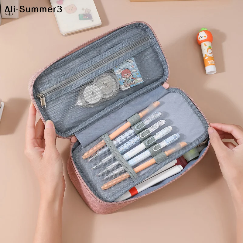 1PC Pen Storage Bag Pencil Case 2 Layer Large Capacity Cosmetic High Quality Study Supplies Simple Student Stationary Boxes