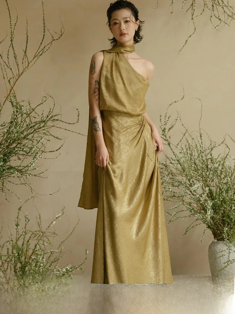 

Ele Gold Wedding Dr Robe for Women High Waist Zipper Sle Long Evening Gown for Bridal Banquet Ceremony And Performance