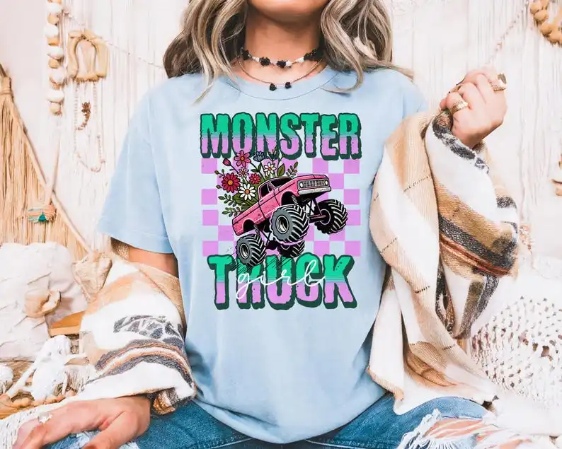 Retro Monster Truck Girl Shirt, For Girls Like Monster Trucks Too, Pink Checkered Monster Truck Women's T Shirt, Themed Birthday Party Tee