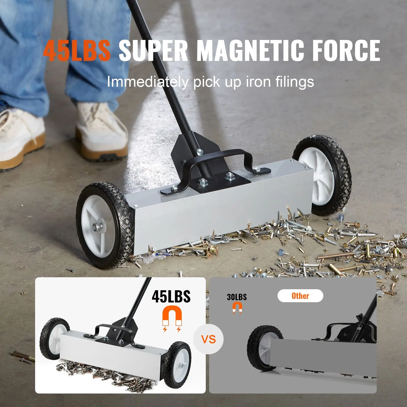 45Lbs Rolling Magnetic Sweeper with Wheels, Push-Type Magnetic Pick Up Sweeper, 18-inch Large Magnet Pickup Lawn Sweeper, Magnet with Telescoping Handle, Easy Cleanup of Workshop Garage Yard
