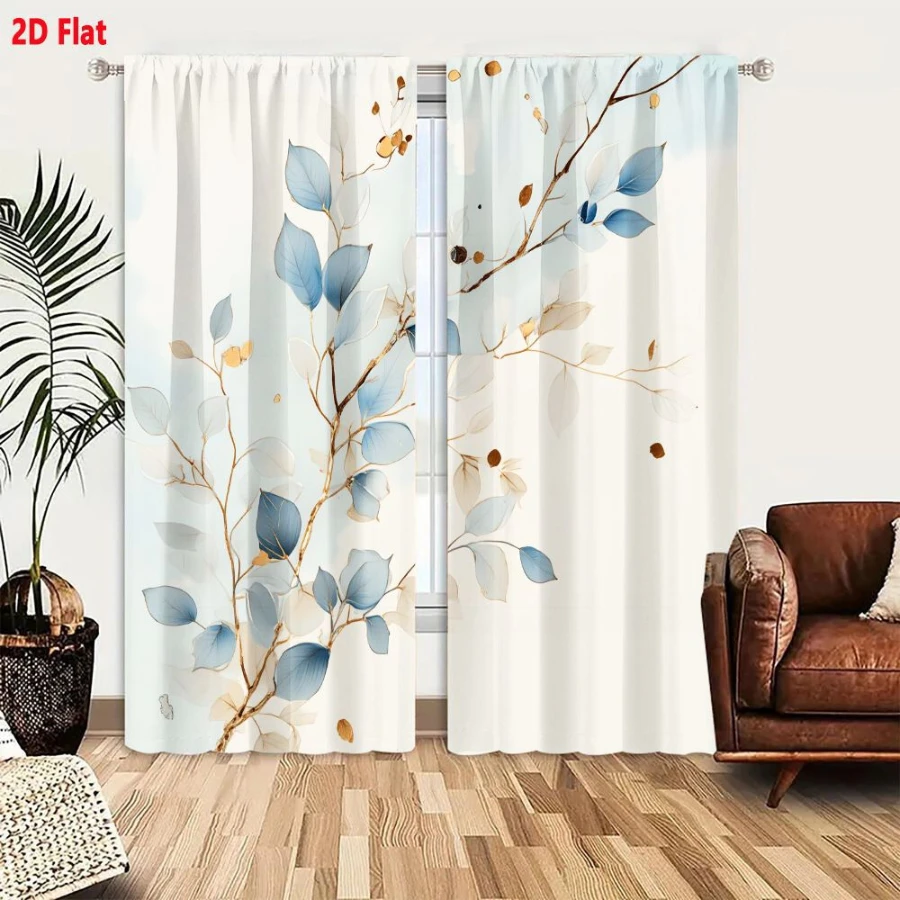 2PCS Digital Printed Curtains, Golden Branch Blue Leaf Luxury Botanical Contrast, Home Decor Style for Living Room Bedroom Decor
