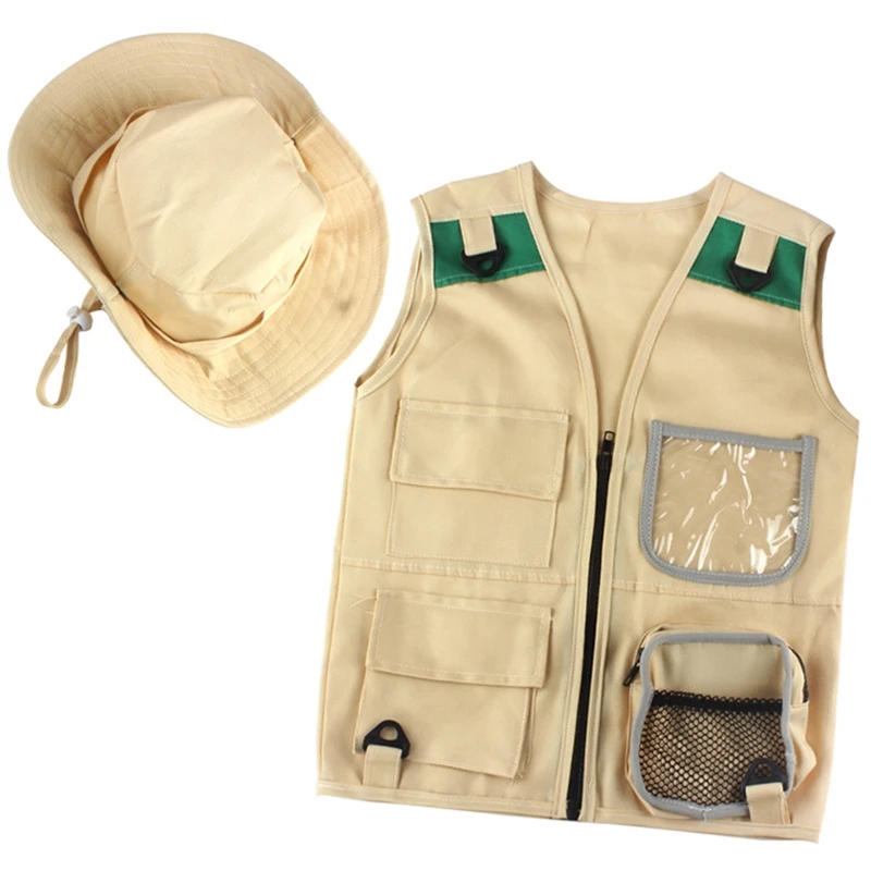 

Outdoor Adventure Kit,Young Kid's Khaki Cargo Vest And Hat Comfortable And Durable Explorer Costume Role Play Toy