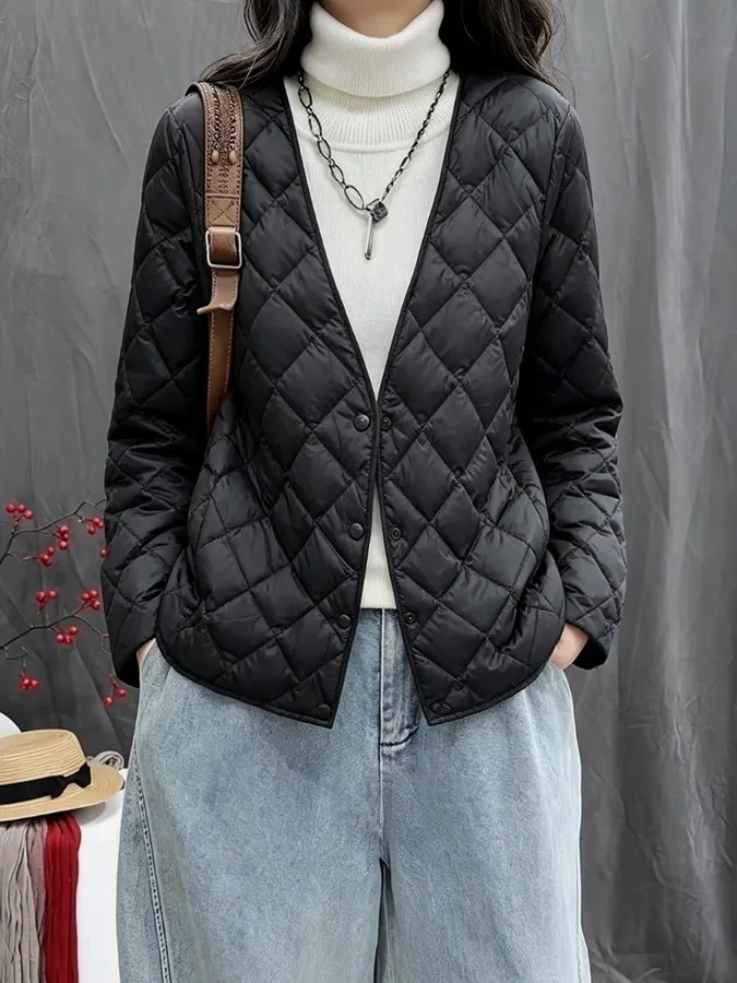 Women's Autumn Winter Light Cotton Jacket Short V-neck Vest Style Inner Cotton Insert Thin Retro Commute Polyester Fiber