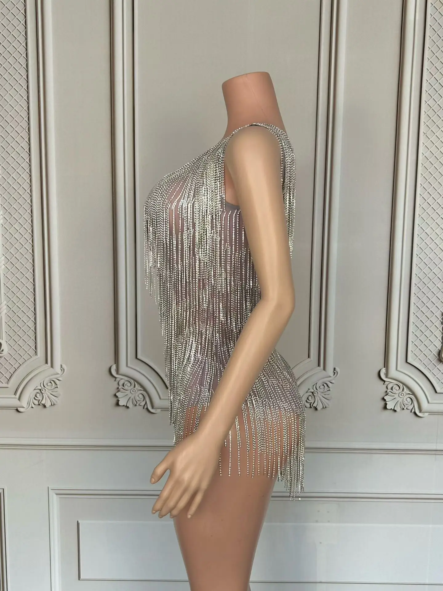 Luxury Sparkly Rhinestone Chains Tassel High Cut Thong One Piece Leotard Latin Dance Outfit Transparent Mesh Bodysuit Yunceng