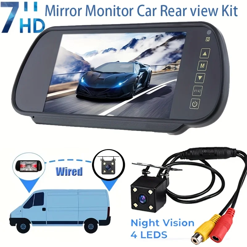 

7-дюймовый зеркальный монитор + комплект резервной камеры с 4 светодиодами, помощник по парковке — подходит для грузовика, пикапа, прицепа, фургона, автобуса, автофургона