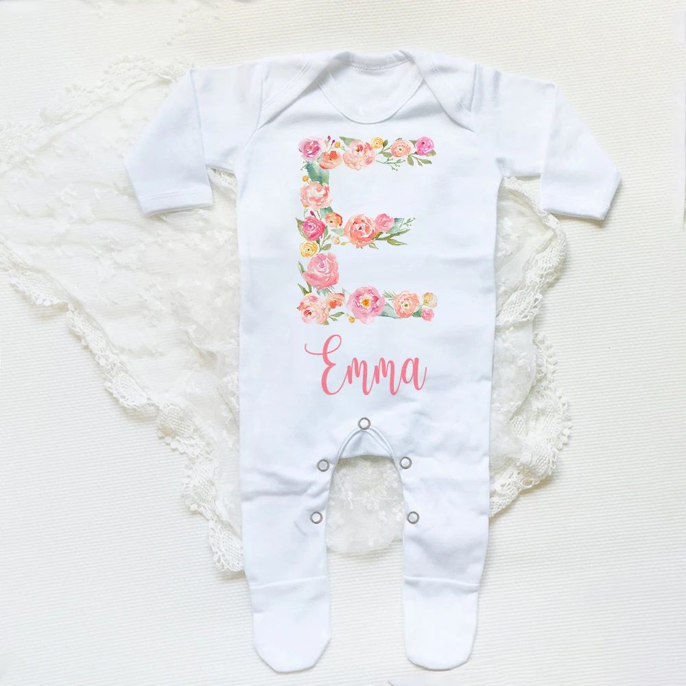 Personalised Flower Letter Babygrow Sleepsuit Custom Name Infant Sleepsuit Baby Coming Home Outfit Newbron Shower Romper Clothes