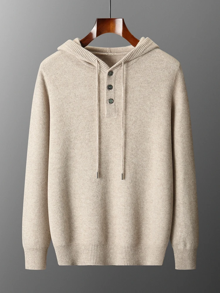 Men's Cashmere Pullover Autumn Winter 100% Merino Wool Hooded Sweater Soft Warm Hoodie Knitwear Long Sleeve Smart Casual Jumper