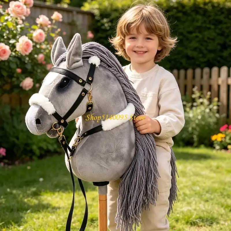 DXAE Horse Plush Handcraft Hobby Horse Horse Toy Gift with a Cotton Gray Body, White Fuzzy Trim, Bridle-Style Straps, and