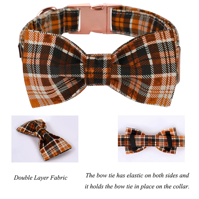 Personlized Unique Style Paws Fall Plaid Dog Collar with Bow Orange  Dog Collar and Flower Pet Dog Collar Large Medium Small Dog