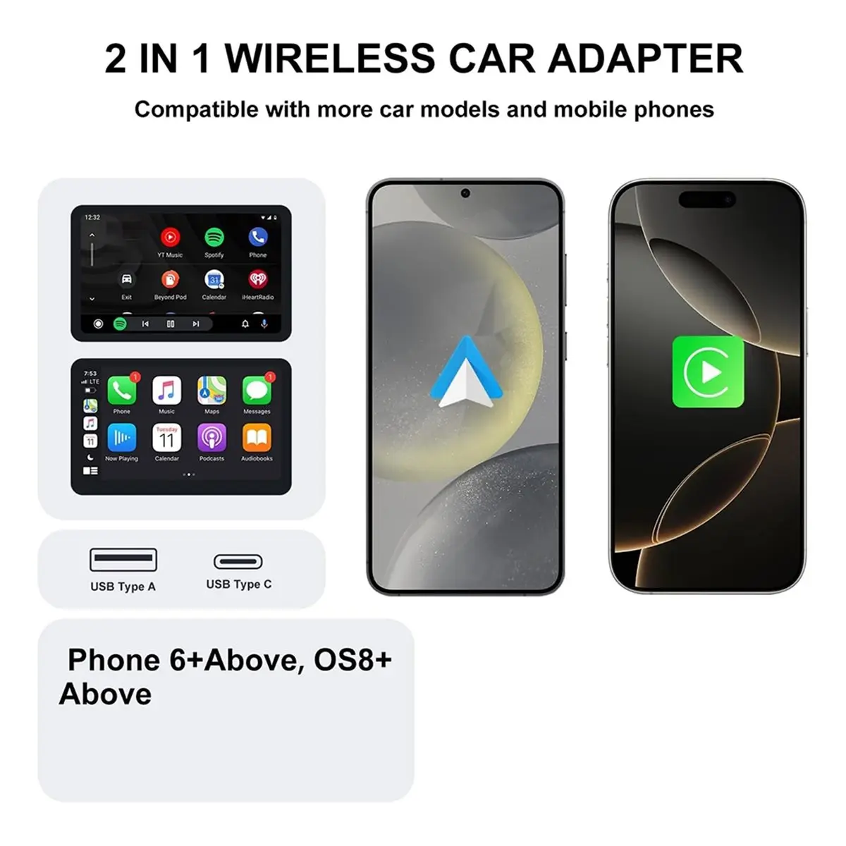 Wireless CarPlay & Android Auto Adapter - 2-in-1 Plug & Play Solution, Converts Wired Systems to Wireless
