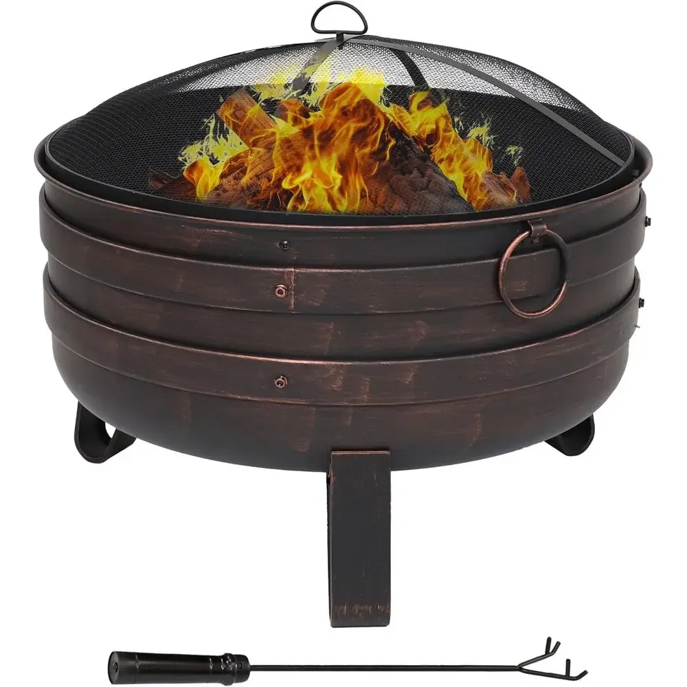 24-Inch Durable Steel Cauldron Fire Pit with Spark Screen and Protective Lid - Brushed Bronze