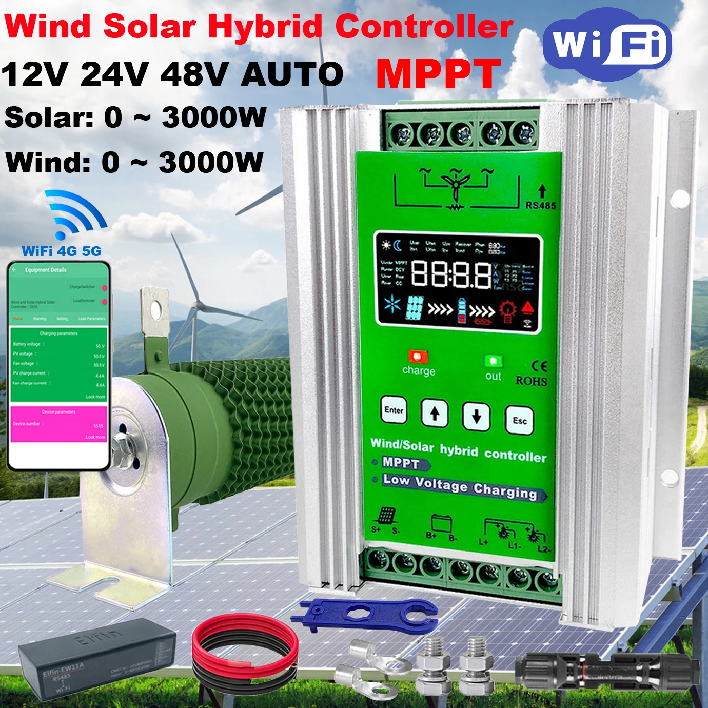 MARS 12 24V 48V wifi MPPT hybrid Charge Controller 3000W 4000w 5kw Solar Panel Wind Generator Regulator Household System Lifepo4
