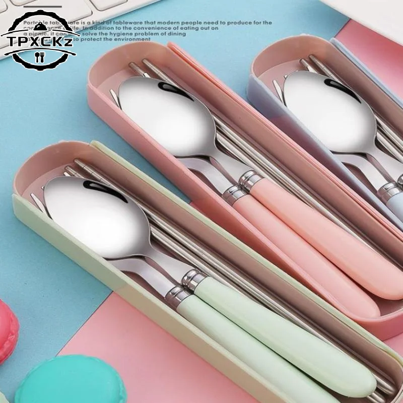 Stainless Steel Portable Student Tableware Outdoor Travel Lunch Box Spoon Fork Chopsticks Set With Storage Case Adult Gift