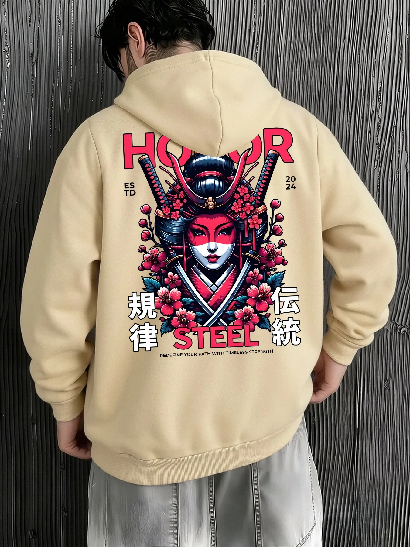 Men Women Unisex Hoodie Japanese Samurai Geisha Honor Steel Cherry Blossom Back Print Sweatshirt Casual Loose Hooded Pullover