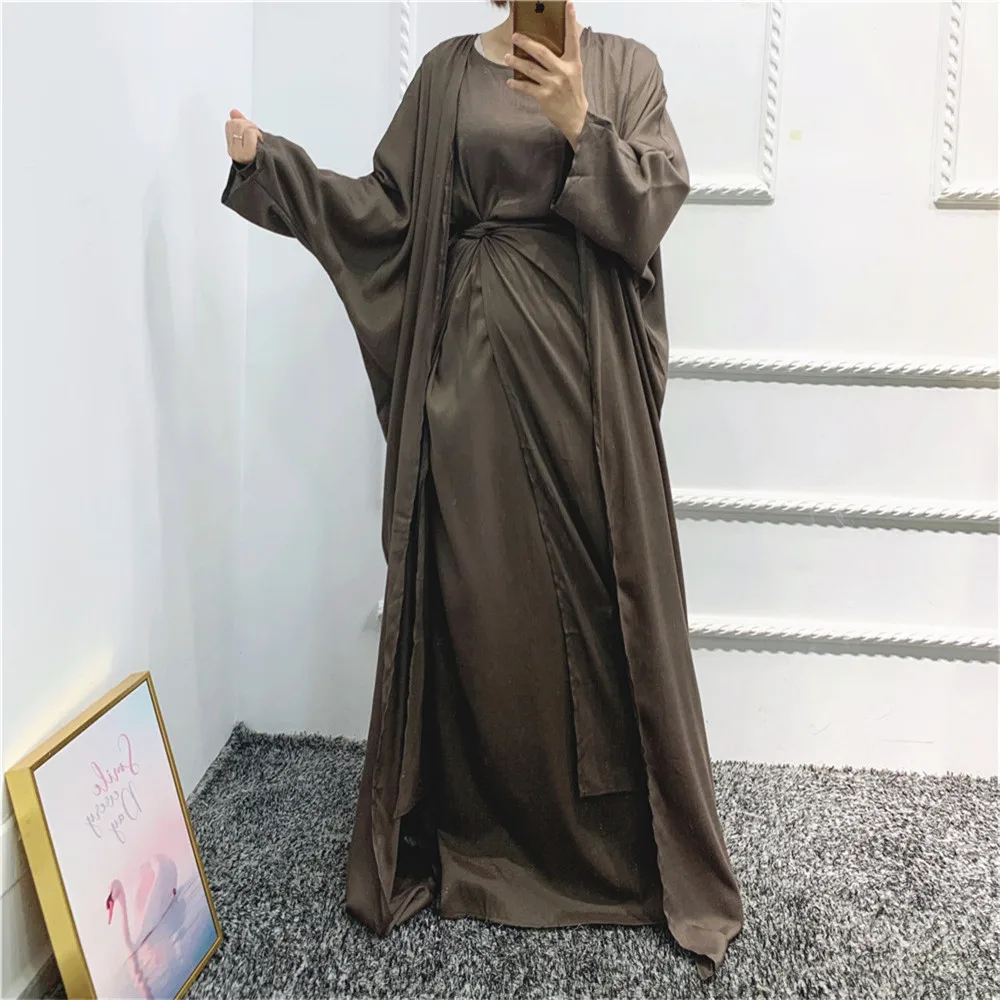 Imagem -04 - Kimono Abaya Aberto para Mulheres Muçulmanas Conjunto de Correspondência Vestido Maxi Saia Envoltório Roupa Islâmica Ramadã Dubai Robe Turquia Kaftan Caftan Eid