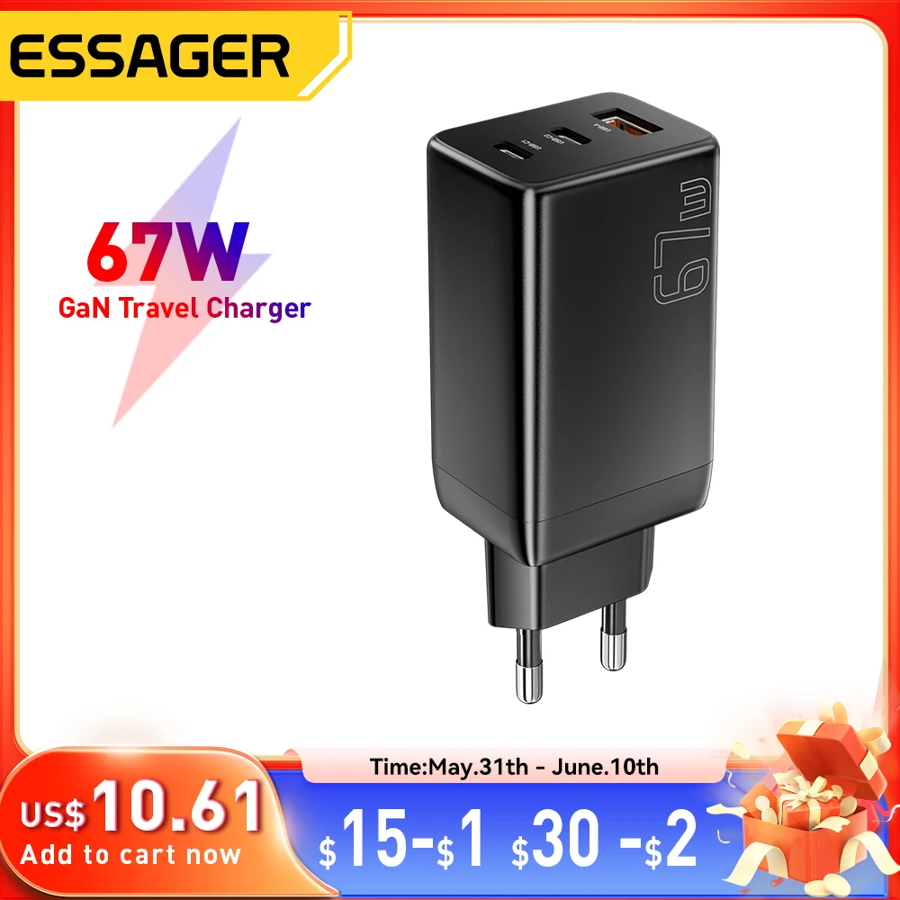 Essager 67W GaN USB-C Charger PD 3.0 QC 3.0 Fast Charge for iPhone 16 15 Pro Max Xiaomi Samsung Huawei Mate 70  Laptops Chargers