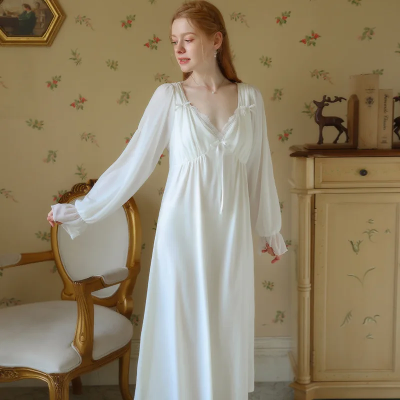 Comfortable Princess Dress Women Spring Autumn Cotton Nightgowns Long Sleeve Lace Sexy Nightdress Chest Pad V Neck Nightwear