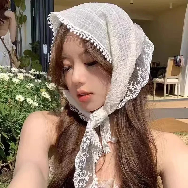 ผ้าพันคอสามเหลี่ยมลูกไม้ฝรั่งเศสวินเทจ - ฮิญาบชีฟองฤดูร้อนสําหรับผู้หญิง, เครื่องประดับผมผ้าไหมมุสลิม, ห่อสาวหวานหรูหรา