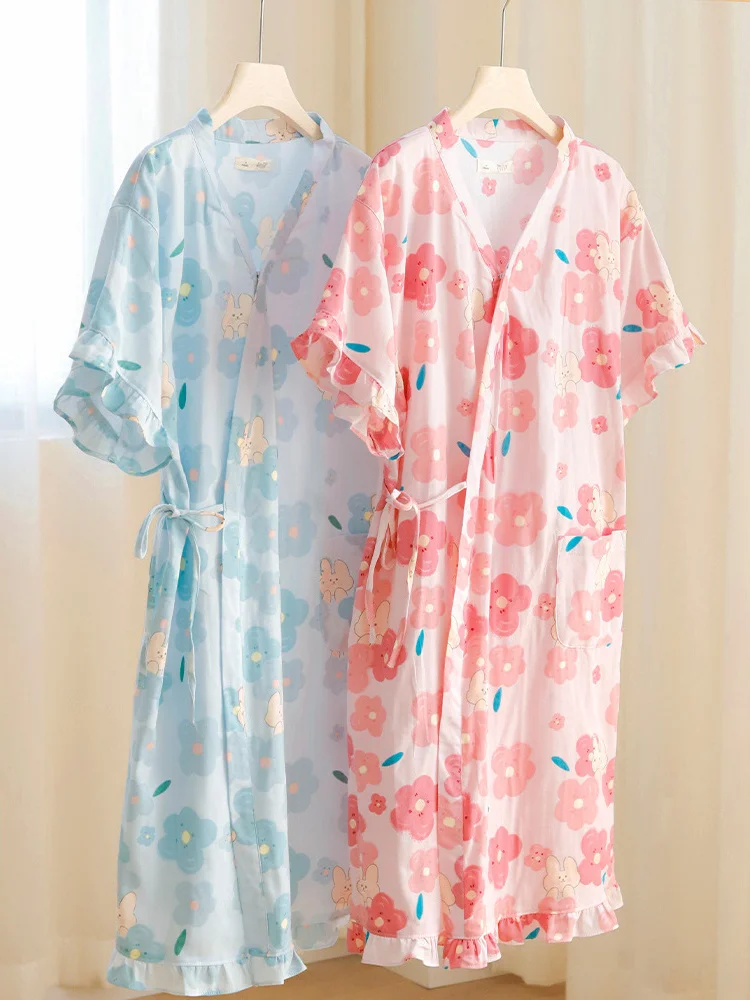 

plus Size Sweet Style Short Sleeve V-Neck Home Dress with Belt Summer Lightweight Cardigan Sleep Dress for Young Women