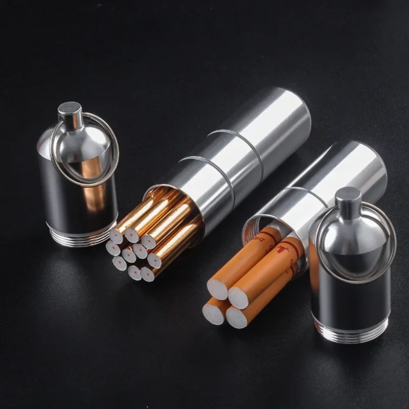 Waterproof Cigarete Case Silver Aluminum Alloy Cigarette Box Pill Toothpick Capsule Holder with Keychain Mens Gift