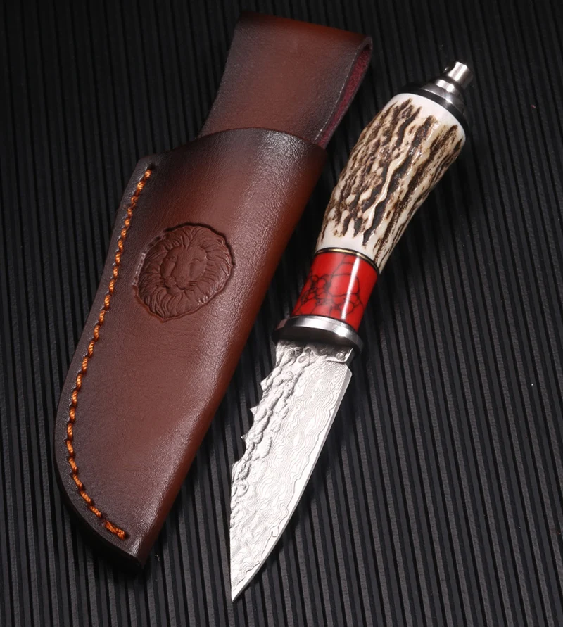 Fixed Blade Knife Free shipping VG10  Damascus steel imports blacksmithing camping tool Antler handle outdoor self-defense knife