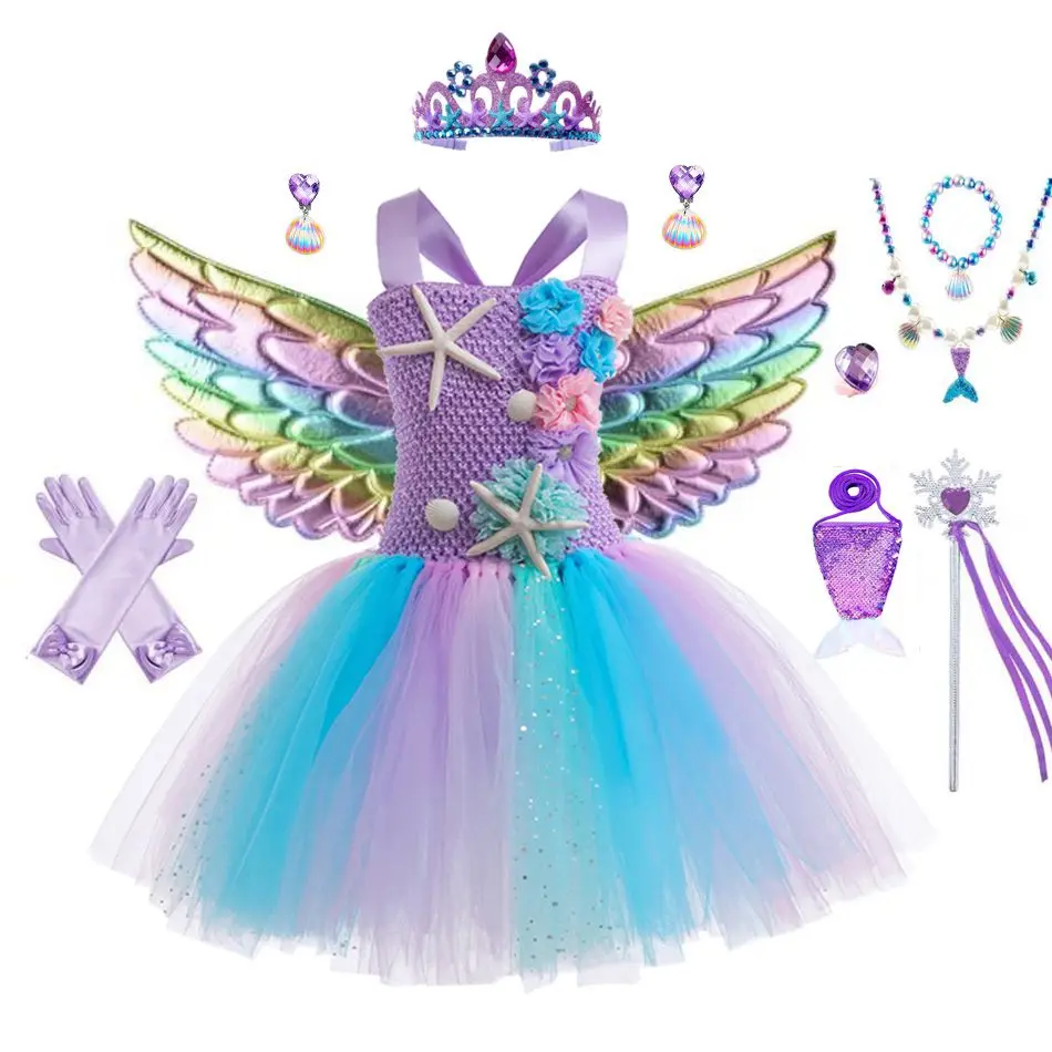 Girls Mermaid Tutu Dress Princess Birthday Party Dresses For Girls Starfish Halloween Cosplay Kids Mermaid Costumes