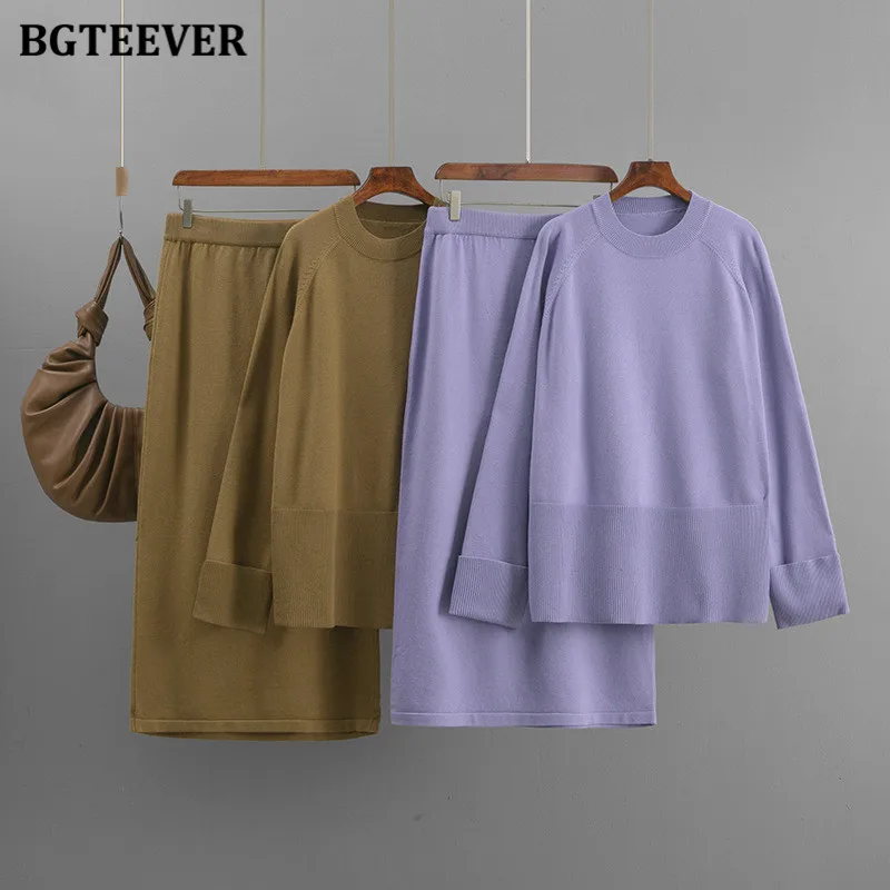 

BGTEEVER Autumn Winter Warm Ladies 2 Pieces Knitted Set O-neck Sweaters Jumpers & Straight Skirts