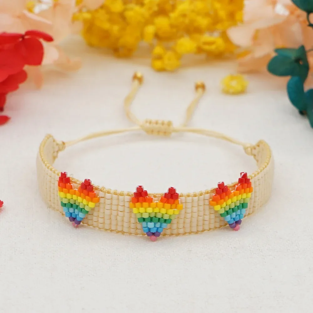 ZGMXR Rice bead bracelet Creativity heart Bohemia Rainbow Pattern Hand weaving Adjustable Female Fashion  Beaded bracelet