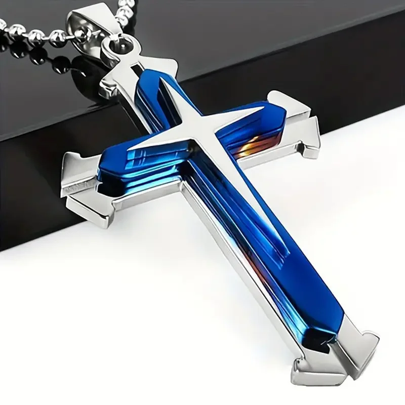 Stylish Men's Cross Pendant Necklace - Durable Titanium Steel, Multilayer Zircon Accents, Fashionable Accessories for Father