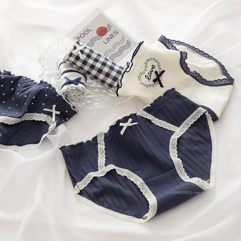 ملابس داخلية باللون الأزرق للنساء، سراويل داخلية من القطن الخالص متوسطة الخصر مريحة وصديقة للبشرة مقاس M-XL ملابس داخلية نسائية