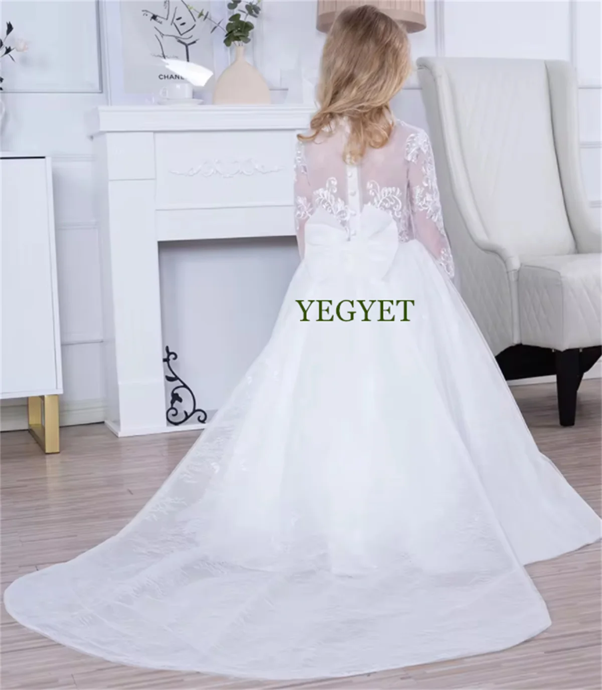 New White Holy First Communion Dress for Girls Long Sleeves A-Line Princess Wedding Flower Girl Dress Kid Size 1-14T