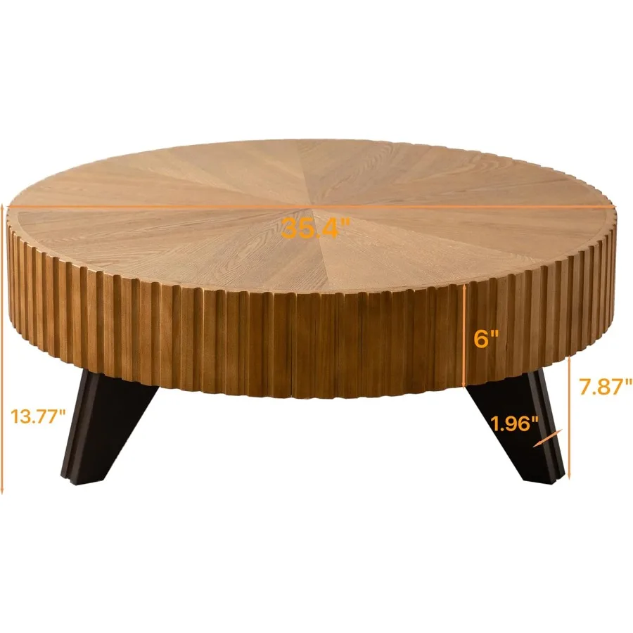 طاولة قهوة خشبية مستديرة كبيرة الحجم 35.4 على طراز طبلة المزرعة العتيقة مع قاعدة مخددة من الخشب الصلب لغرفة المعيشة