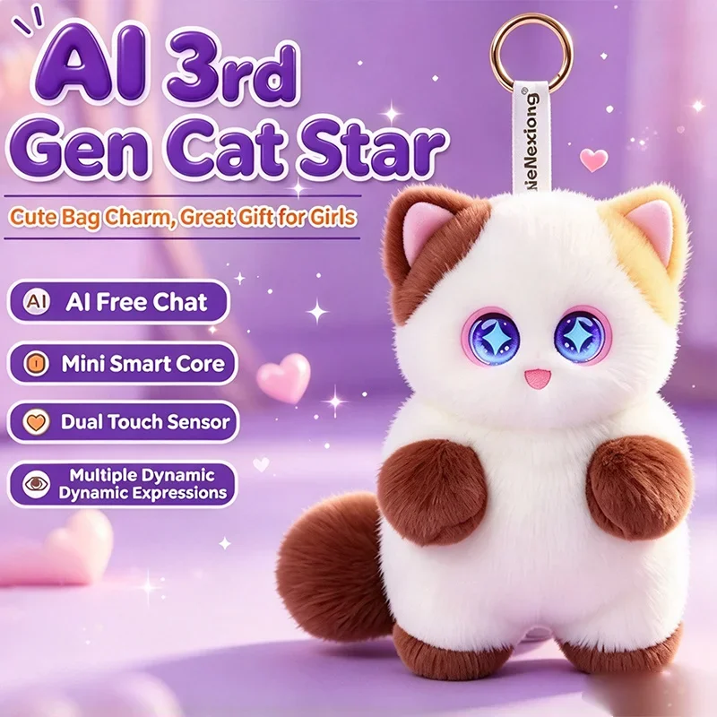 AI Cat Star Plush Keychain, 3rd Gen Interactive Talking Cat Pendant, Touch Sensor Dynamic Expression Stuffed Bag Charm, Gift for