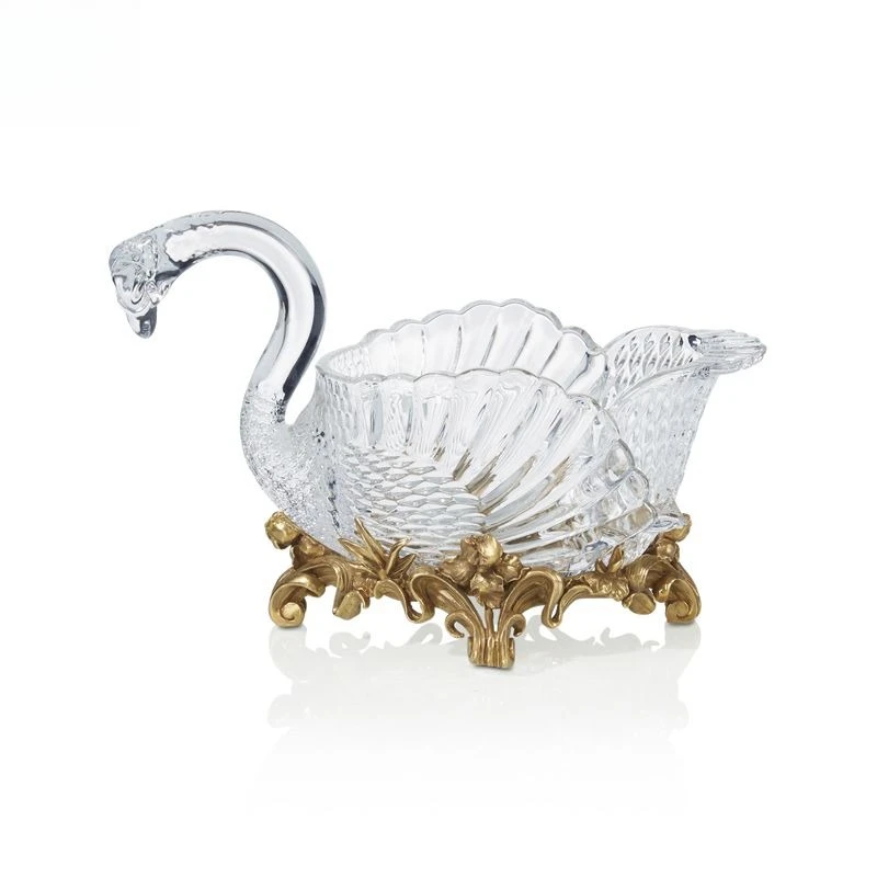 Swan fruit plate Czech imported crystal glass copper luxury living room ornament villa snack fruit basket