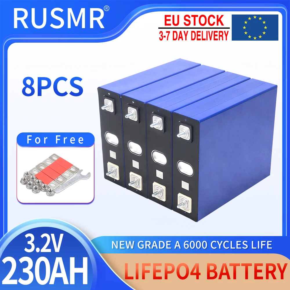 8PCS 3.2V 230Ah Lifepo4 Prismatic Rechargeable Battery Grade A Original Cell Pack For DIY 12V 24V 48V Solar Sytem EV RV Boat