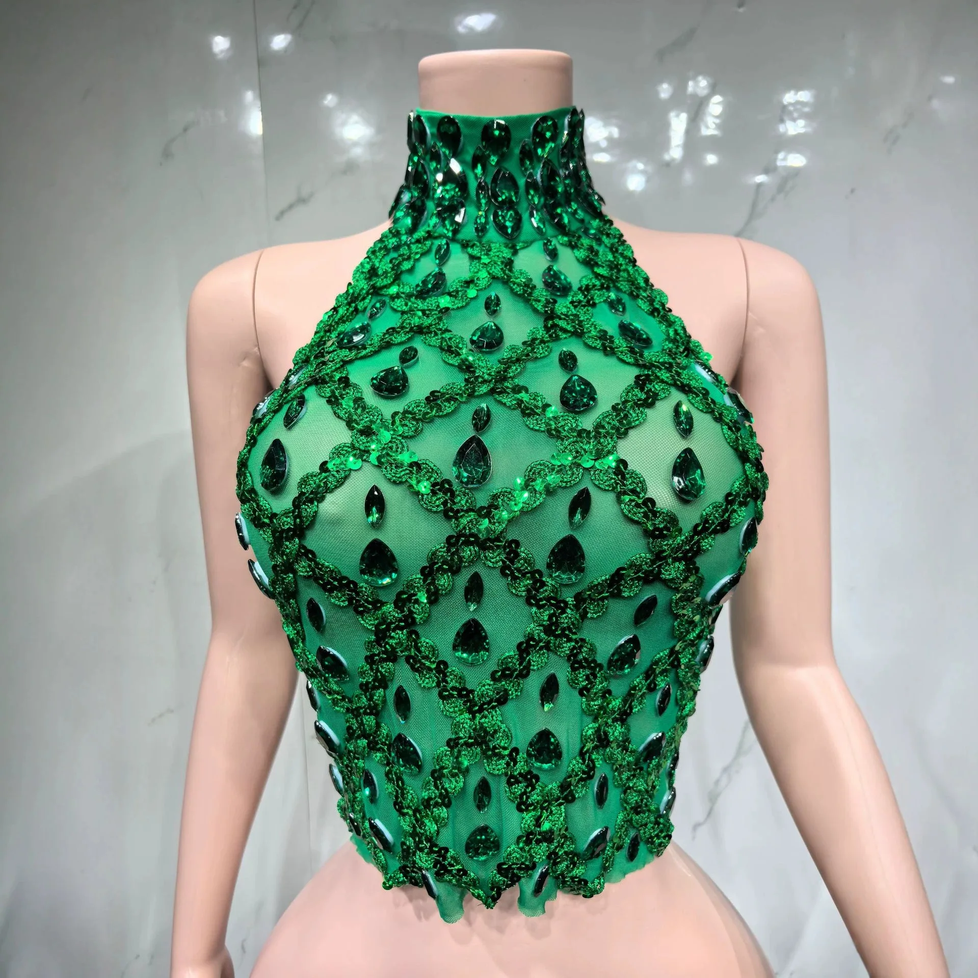 Shimmering Water Diamond High-necked Sleeveless Sexy Mesh Transparent Grid Evening Gown Strapless Top Hollow-out Design