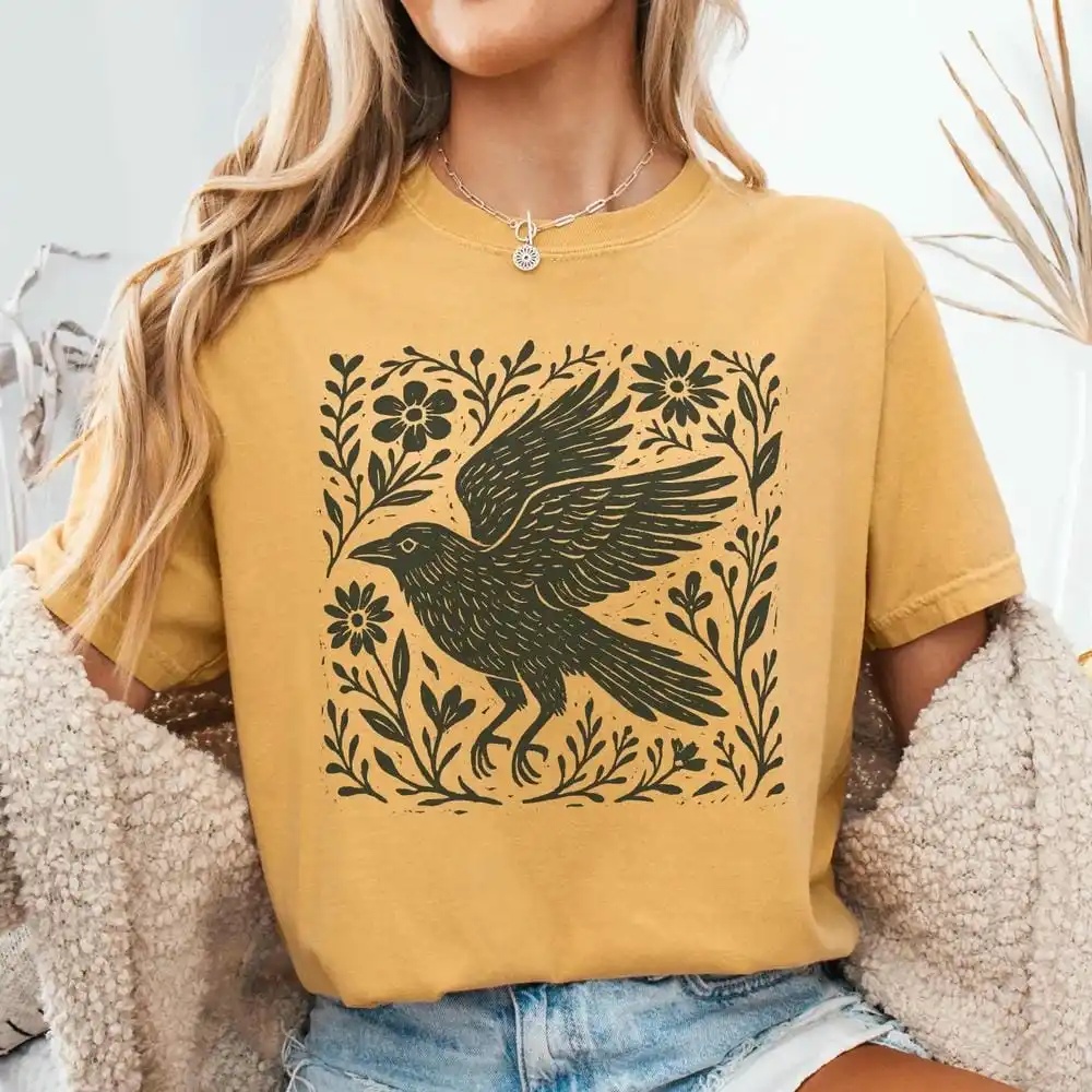 Retro Folklore Forest Crow Lino Print Shirt Folk Art Linocut Crow T-shirt Short Sleeve Cotton Unisex Y2K Casual Top Streetwear