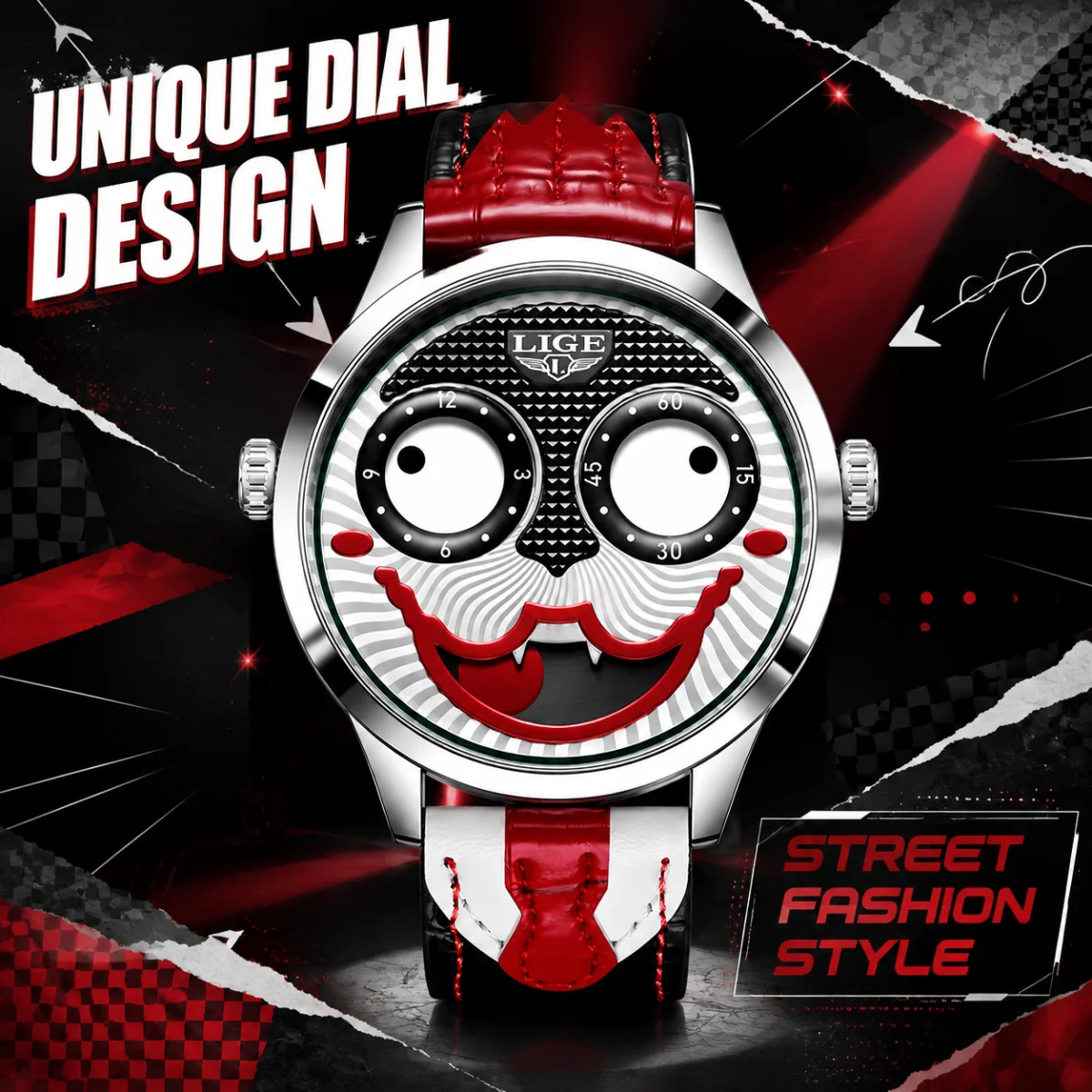 New Fashion LIGE Man Watch Creative Dial Retro Clown Leather Strap Clock Waterproof Casual Sport Quartz Watches for Men Gift Box