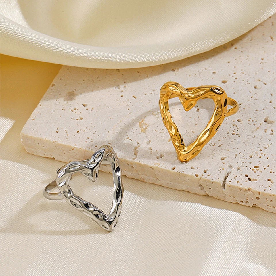 ZAKOL Stainless Steel Irregular Hollow Heart Open Ring for Women Fashion Charm Adjustable Open Ring Party Jewelry image 2