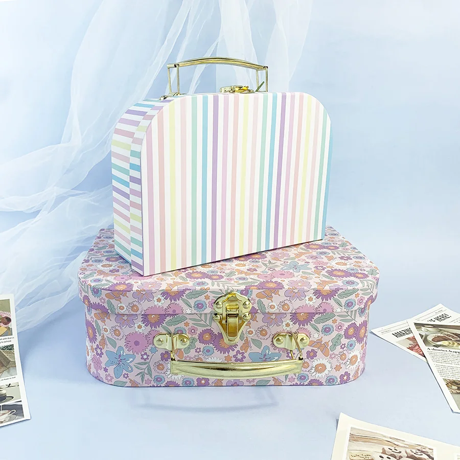 2pcs Cute Floral Pastel Striped Storage Suitcase Portable Vintage Paper Box with Handle Decorative Gift Box for Wedding Birthday