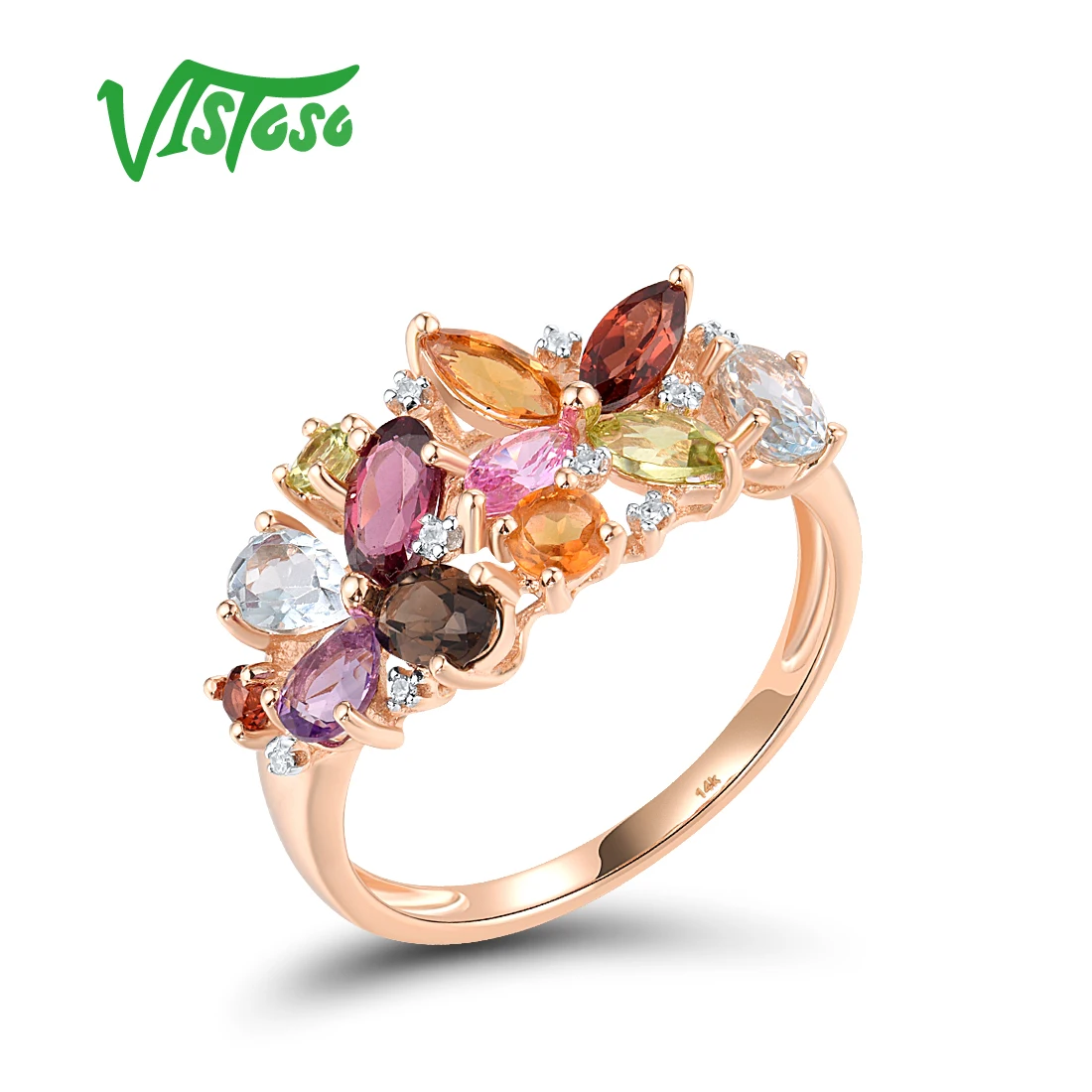 

VISTOSO Pure 14K 585 Rose Gold Ring Sparkling Diamond Fancy Multicolored Gems For Women Wedding Anniversary Trendy Fine Jewelry