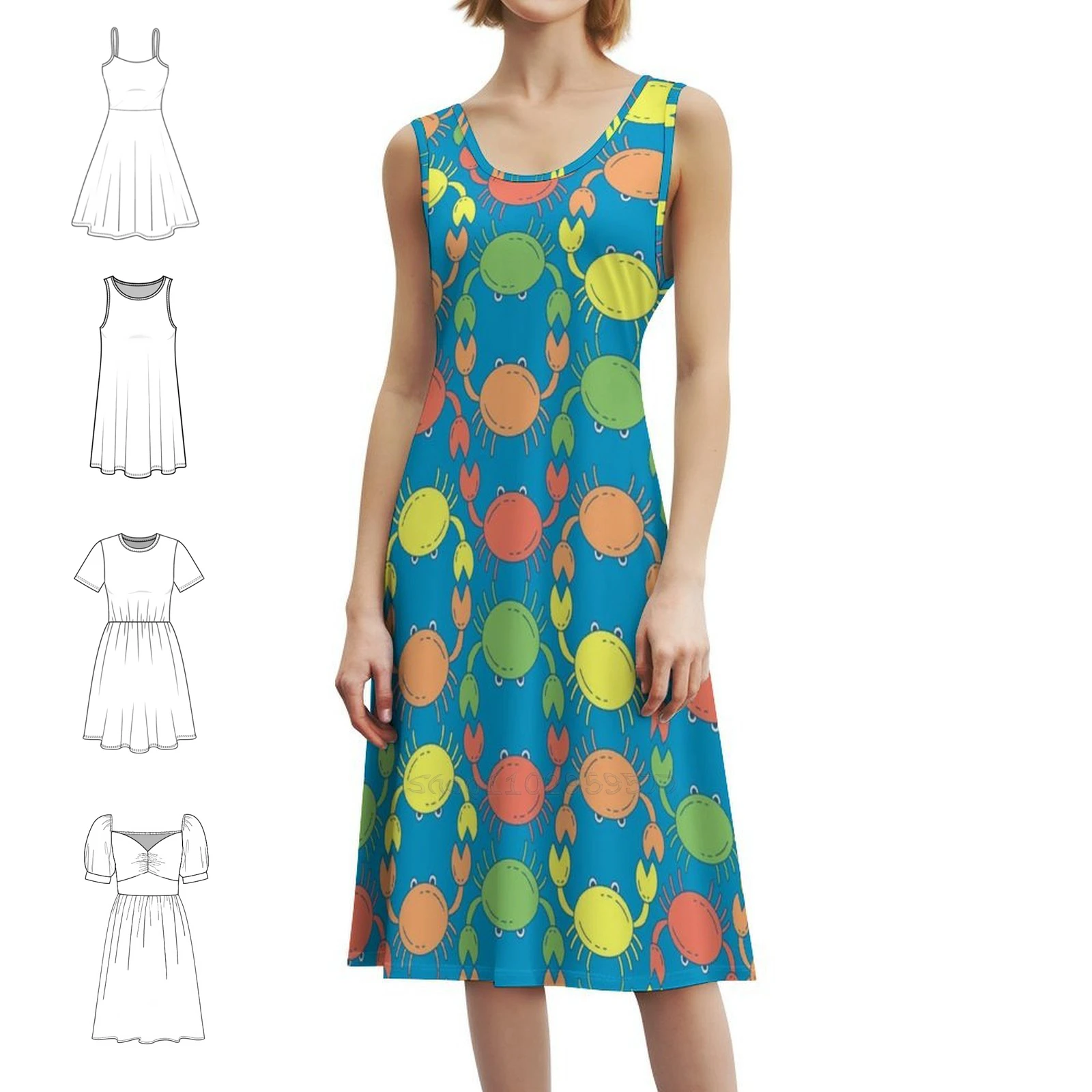 

Colorful Summer Pattern With Sea Crabs Floral Smock Dress For Women Spring Summer Casual Dress For Party Marine Sea Crab