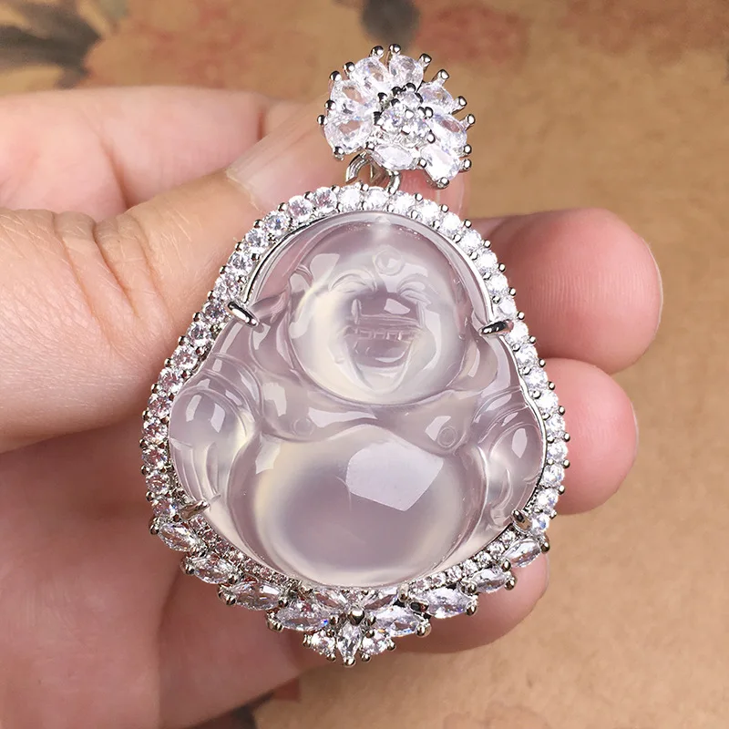 Natural high-ice agate inlaid Buddha Gong pendant, ice-transparent white chalcedony Maitreya Buddha pendant, women's  pendant