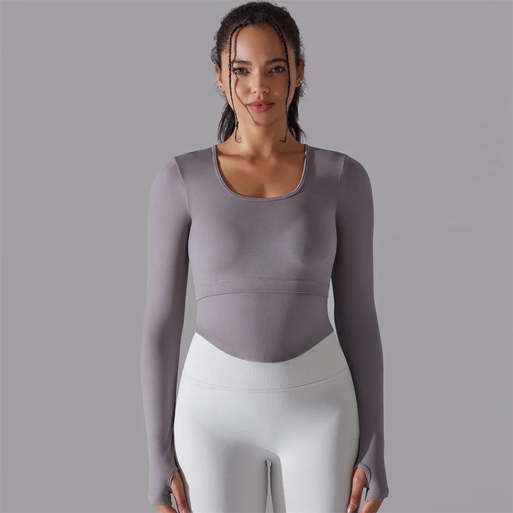 Kaus Yoga tanpa kelim atasan olahraga kaus Gym lengan panjang baju olahraga atasan olahraga baju aktif wanita baju ramping kebugaran