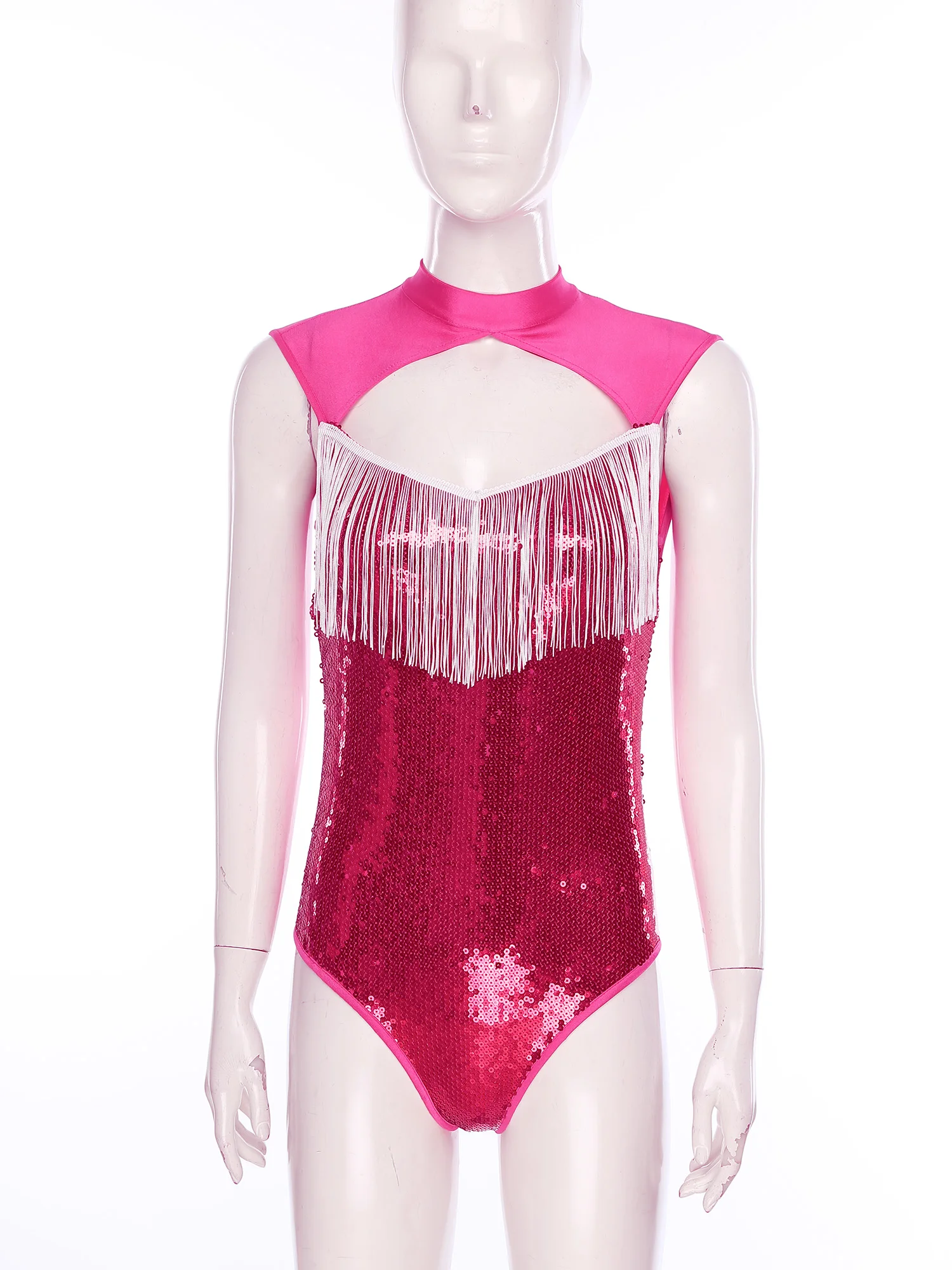 Women Sequin Hollow Out Bodysuit Rave Party Clubwear Sleeveless Fringe Leotard Bodysuits Dancewear for Halloween Poolside Party