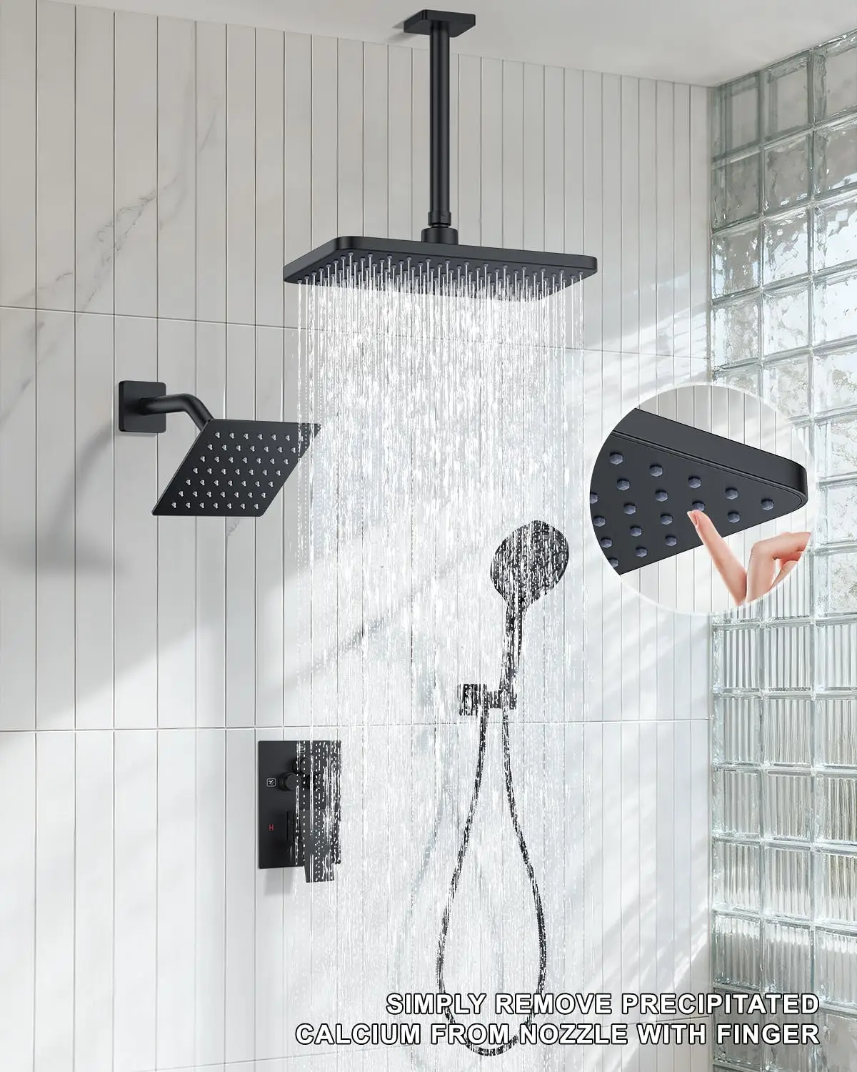 Matte Black Dual Shower Head System With Square & Heads 6-Mode Handheld Spray Rainfall Spray Patterns Wall Mount Shower Mixer view 2