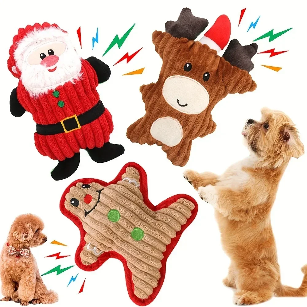 Quietschendes Hundespielzeug im Weihnachtsstil, Haustier-Schleifzähne, quietschendes Plüschtier, Hirsch, Weihnachtsmann, Hirsch, langlebiges Kauspielzeug für das Zahnen von Hunden