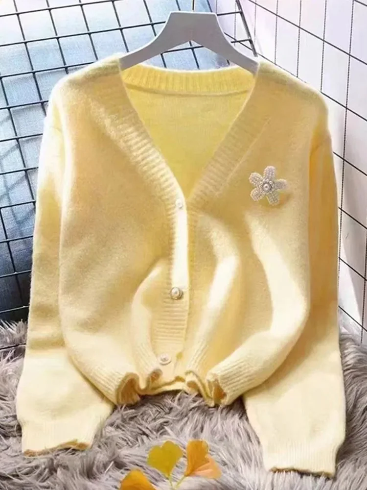 

Свитер с 3D цветочной вышивкой Ele, женский весенне-осенний свободный топ с V-образным вырезом, универсальная повседневная вязаная верхняя одежда