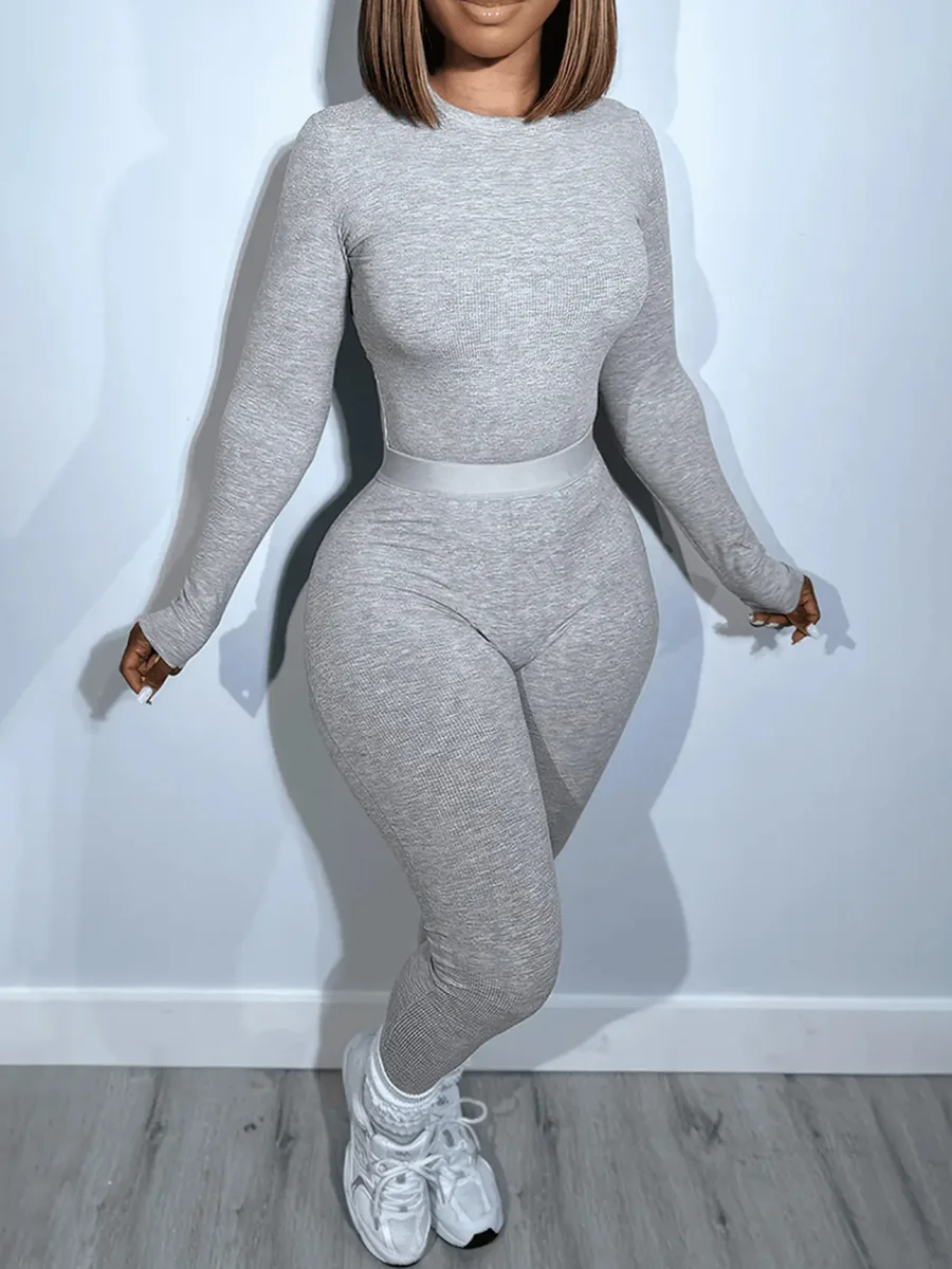 

LW Plus Size Two pieces sets solid long sleeve Round Neck Top + Skinny Pants Set Autumn sport casual women's clothing pants sets